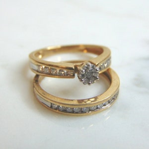 Mujer Vintage Estate 10K Anillo de bodas de oro amarillo diamante Set 4.4g E3254