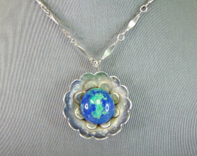 Womens Vintage Estate Sterling Silver Azurite Pendant W/ Necklace 17.2g E5833