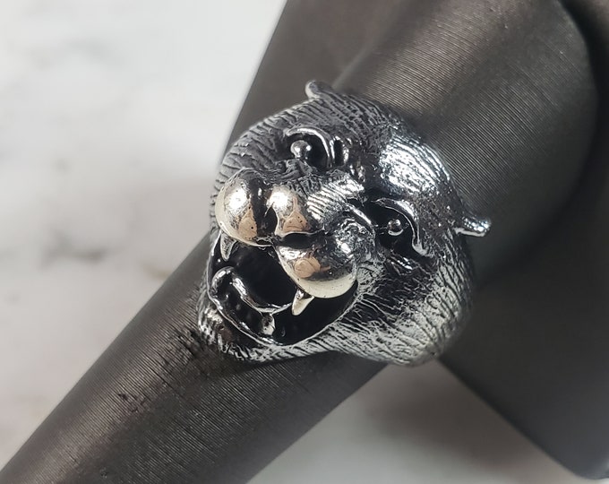 Mens Sterling Silver Panther Cougar Head Ring 14.0g E6410