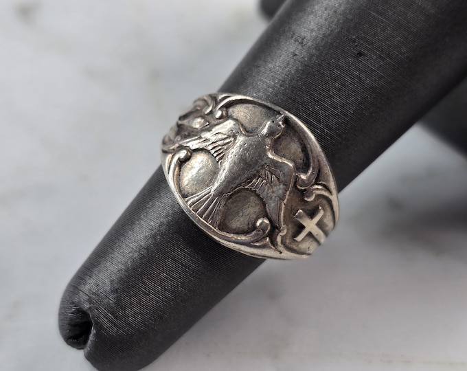 Womens Vintage Estate Sterling Silver Religious Dove Cross Ring 4.6g E7019