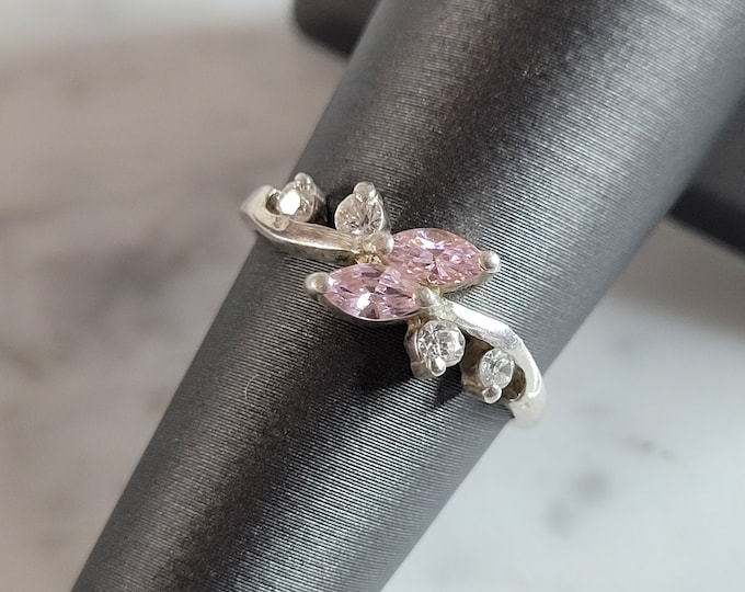 Womens Vintage Estate Sterling Silver Rose Quartz Flower Ring 2.2g E5859