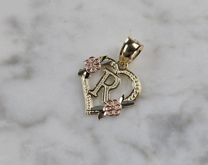 Womens 10K Yellow & Rose Gold Initial Letter " R "  Heart Pendant 0.9g E6139