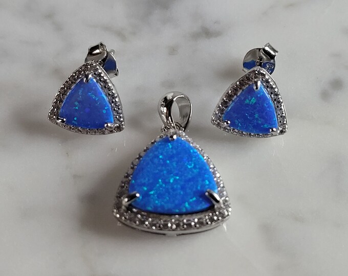 Womens Sterling Silver Modernist Blue Opal Earrings & Pendant Set 4.8g E2863