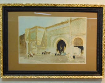 Vintage Antique Aquatint Etching Print by French Artist Maurice Romberg "Meknes"