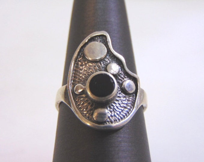 Womens Vintage Estate Sterling Silver Modern Abstract Onyx ? Ring 4.7g E2080