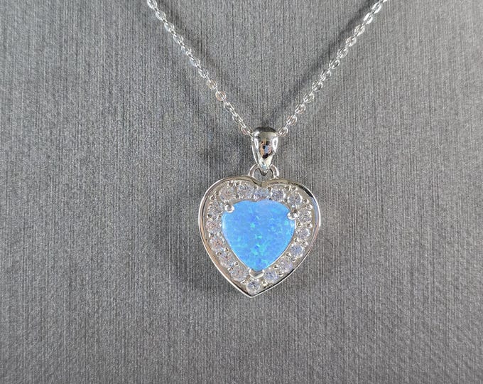 Womens Sterling Silver Blue Opal Heart Pendant Necklace 5.8g E7490