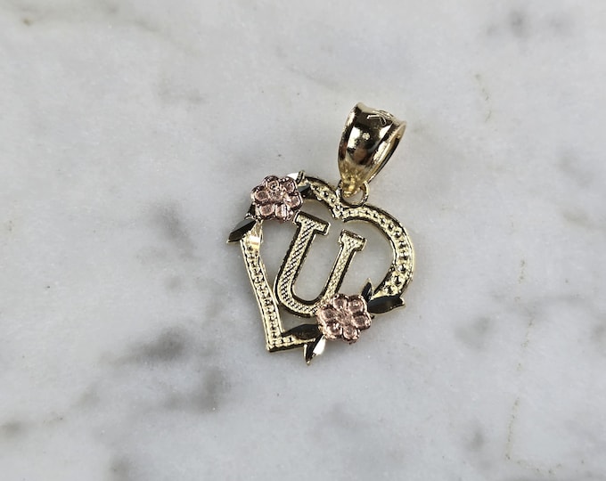 Womens 10K Yellow & Rose Gold Initial Letter " U "  Heart Pendant 0.9g E3830