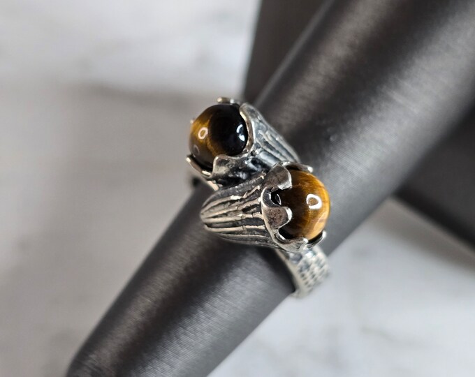 Womens Vintage Estate Sterling Silver Floral Tigers Eye Ring 6.6g E7612