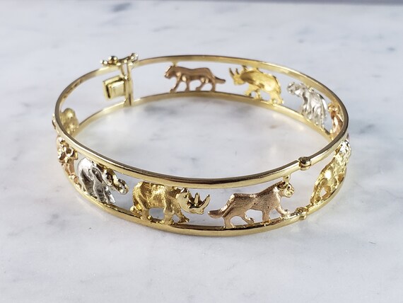 Womens Vintage Estate 18K Mixed Gold Noahs Ark Bangle Bracelet