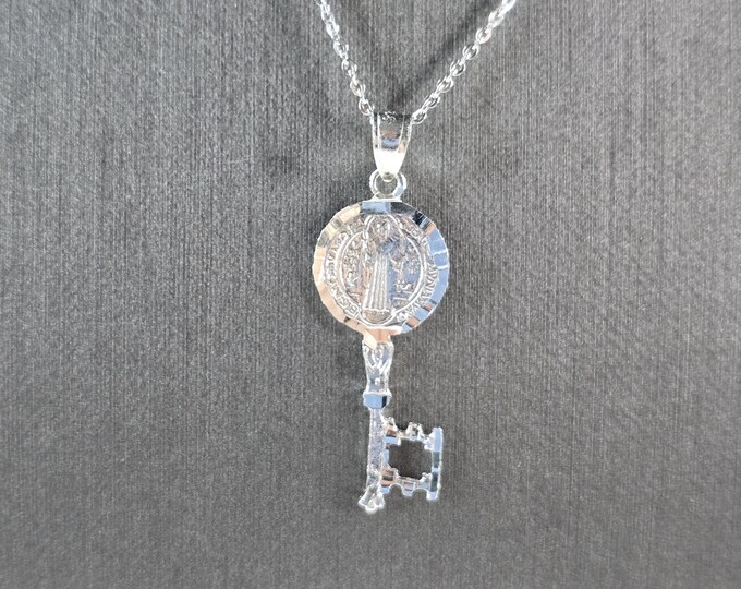 Womens Sterling Silver Religious Saint Benedict Key Pendant Necklace 3.3g E7190