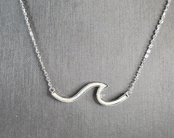 Womens Sterling Silver Opal Tsunami Wave Pendant Necklace 4.0g E836