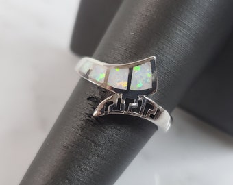 Womens Sterling Silver Modernist Greek Key Opal Ring 3.4g E922