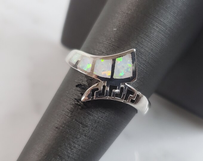 Womens Sterling Silver Modernist Greek Key Opal Ring 3.4g E922