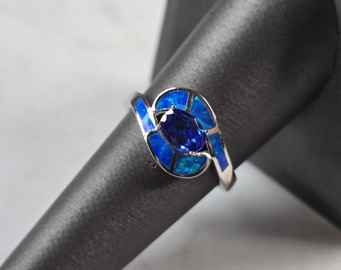 Womens Sterling Silver Blue Opal Tanzanite Ring 3.5g E4193