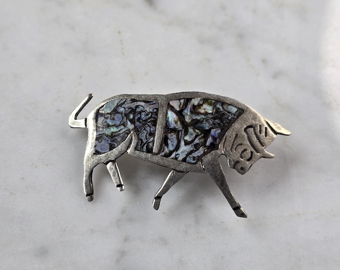 Womens Vintage Estate MOP Abalone Sterling Silver Bull Brooch Pin 2.8g E3904