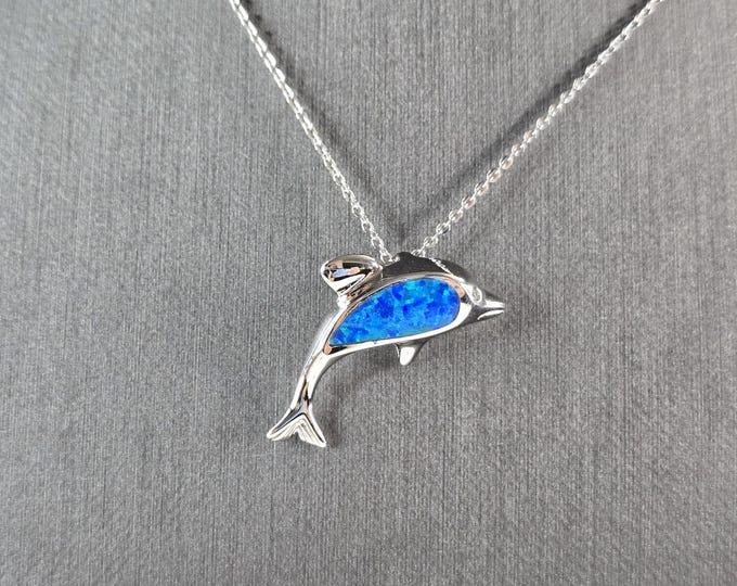 Womens Sterling Silver Blue Opal Dolphin Pendant Necklace 4.3g E3653