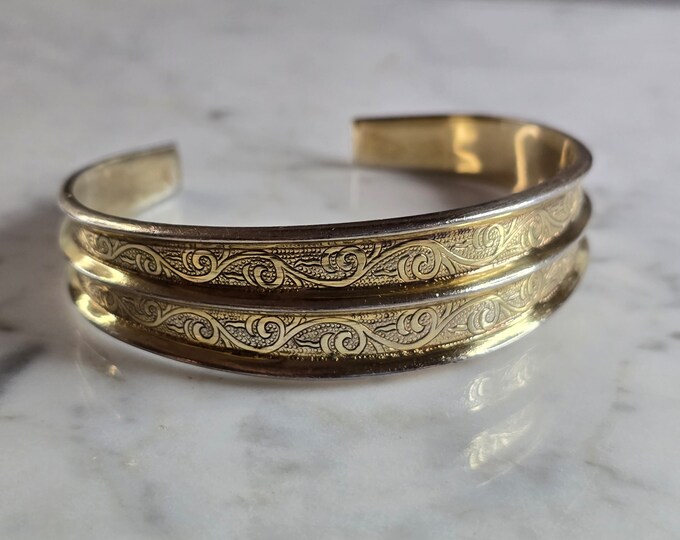 Womens Vintage Estate Sterling Silver Gold Tone Cuff Bracelet 32.3g E7829