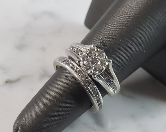 Womens Vintage Estate 10K White Gold Diamond Ring Set 5.5g, E6271