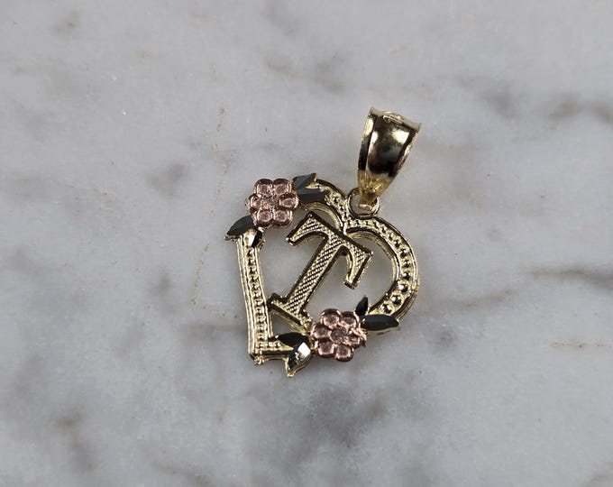 Womens 10K Yellow & Rose Gold Initial Letter " T "  Heart Pendant 0.6g E7396