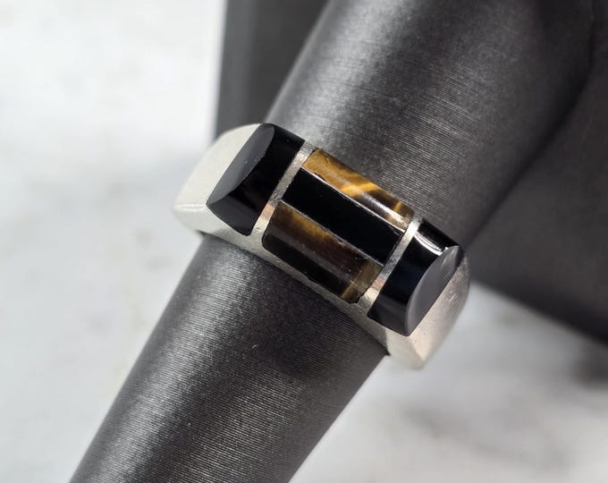 Womens Vintage Estate Sterling Silver Tigers Eye & Onyx Ring 14.0g E3868