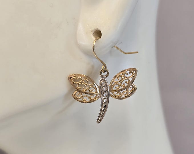 Pr Womens Vintage Estate 10K Multi Tone Gold Dragonfly Earrings, 1.3g E7560