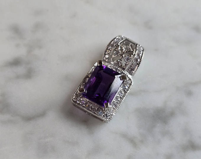 Womens Vintage Estate 14K White Gold Amethyst CZ Pendant 3.1g E6527