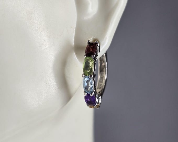 Womens Estate Sterling Silver Multi Stone Hoop Earrings 3.7g #E7453