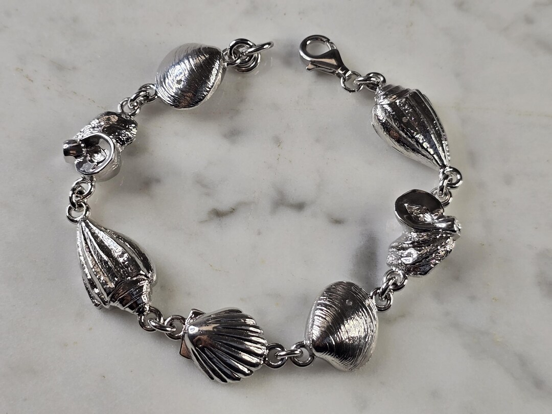 Womens Vintage Estate Sterling Silver Seashell Link Bracelet 25.9g