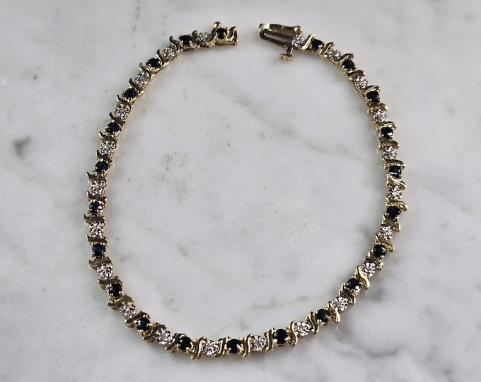 Womens Vintage Estate 14k Gold Diamond & Sapphire Tennis Bracelet 7.0g #E4924