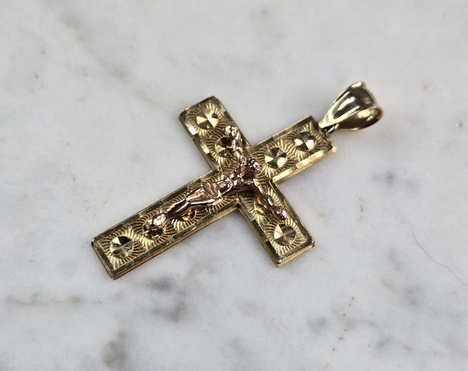 Vintage Estate 14K Yellow & Rose Gold Religious Cross Pendant, 4.2g E5107