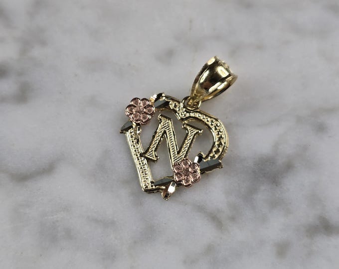 Womens 10K Yellow & Rose Gold Initial Letter " N "  Heart Pendant 0.9g E6123