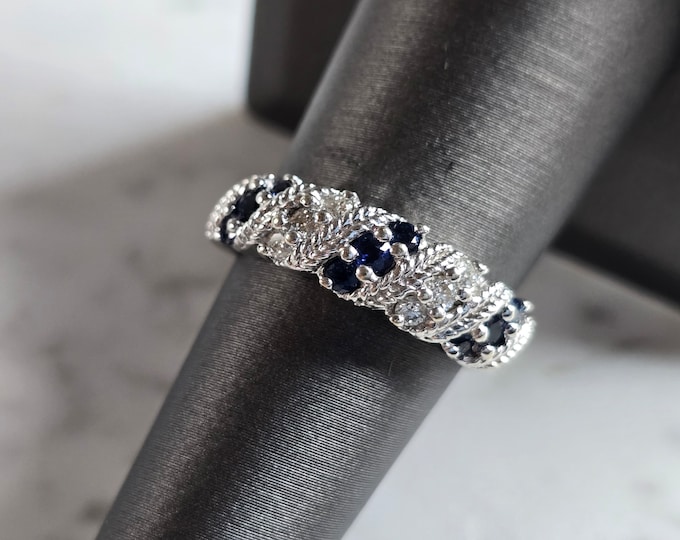 Womens Vintage Estate 14K White Gold Sapphire & Diamond Ring, 4.9g E7814