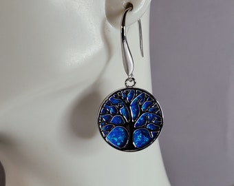 Womens Sterling Silver Blue Opal Tree of Life Earrings 6.9g E6007