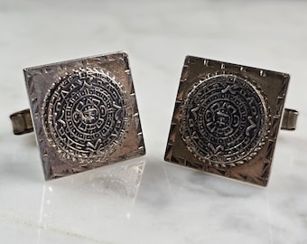 Mens Vintage Estate Sterling Silver Incan Mayan Calendar Cuff Links 15.3g E4949