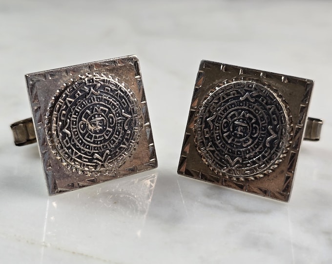 Mens Vintage Estate Sterling Silver Incan Mayan Calendar Cuff Links 15.3g E4949