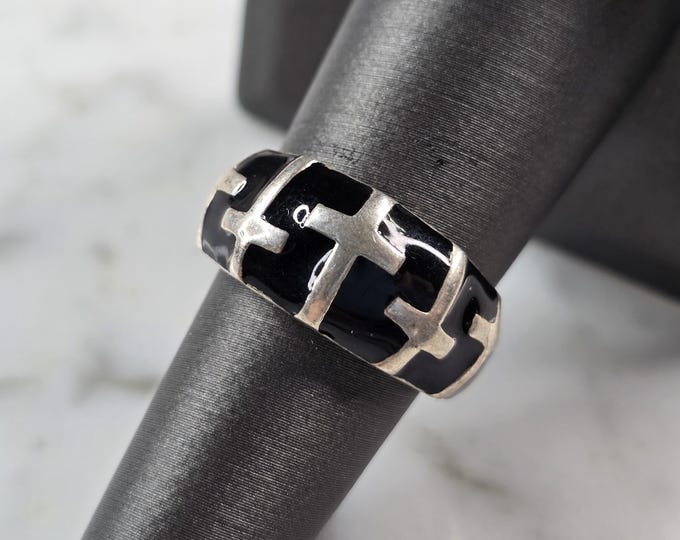 Womens Vintage Estate Sterling Silver Modernist Onyx Cross Ring 5.7g E4971