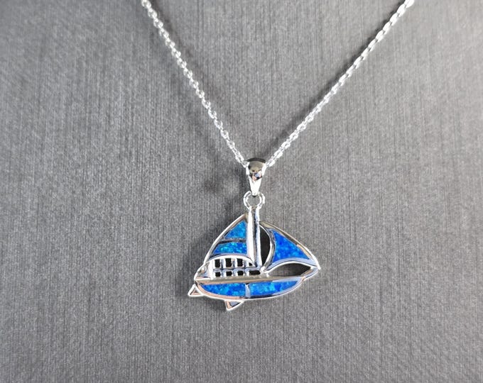 Womens Sterling Silver Blue Opal Sailboat Pendant Necklace 5.0g E3302