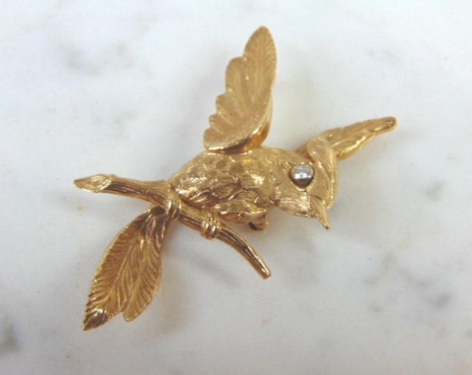 Womens Vintage Estate 14K Gold Diamond Bird Brooch 7.1g E999