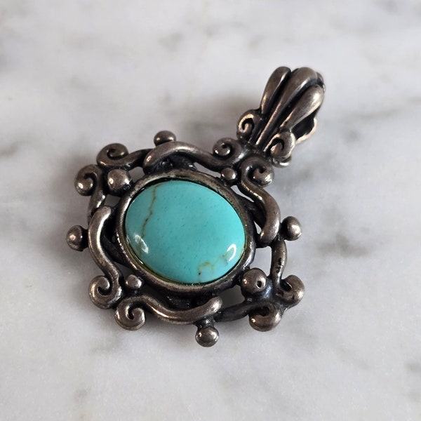 Womens Vintage Estate Sterling Silver Turquoise Pendant 5.9g E7517