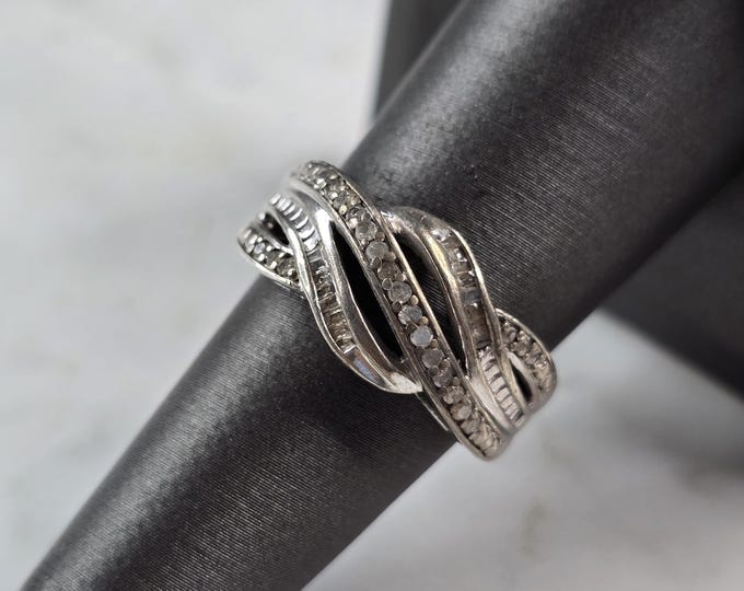 Womens Vintage Estate Sterling Silver Modernist Diamond Ring 3.7g #E6855