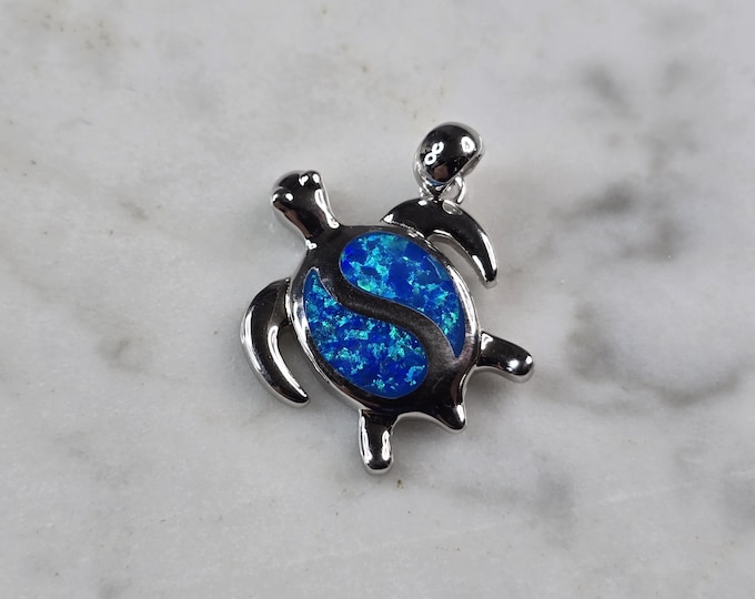 Womens Sterling Silver Blue Opal Sea Turtle Pendant 3.1g E2306