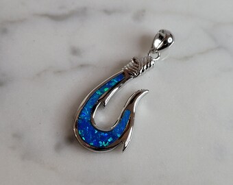 Womens Sterling Silver Blue Opal Hawaiian Fish Hook Pendant 3.8g E2753