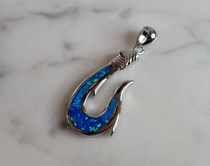 Womens Sterling Silver Blue Opal Hawaiian Fish Hook Pendant 3.8g E2753