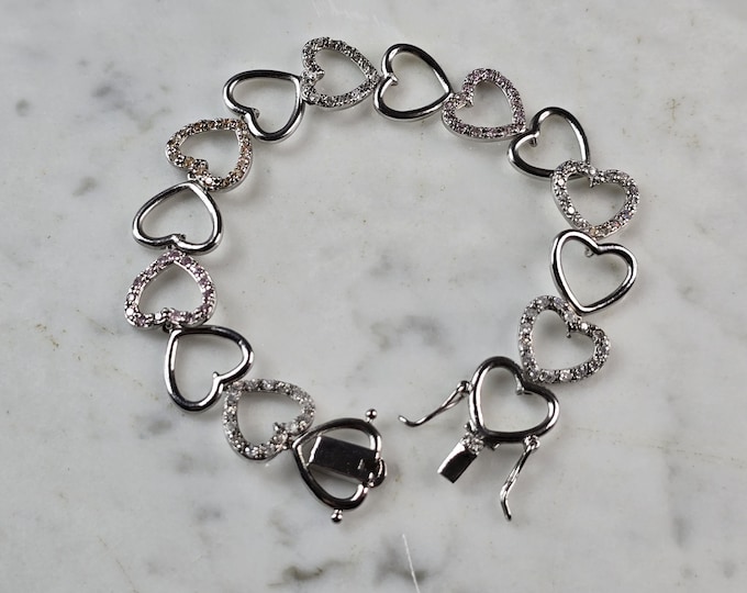 Womens Vintage Estate Sterling Silver CZ Heart Bracelet 8.7g E6664