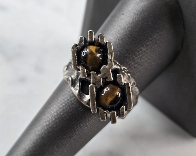 Womens Vintage Estate Sterling Silver Modernist Tigers Eye Ring 10.2g E4112