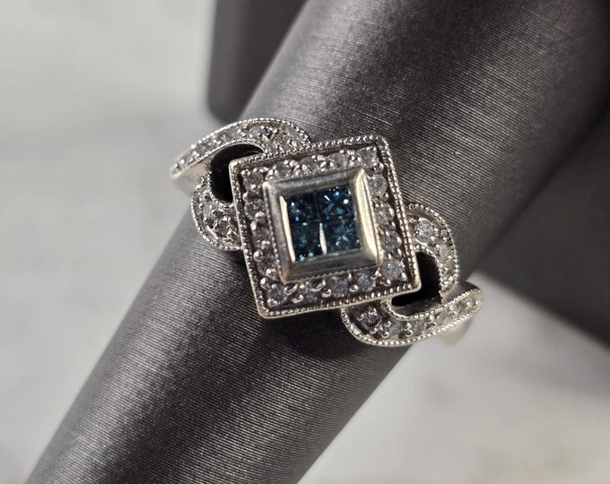 Womens Vintage Estate 14K White Gold Blue Diamond Ring 6.2g E4768