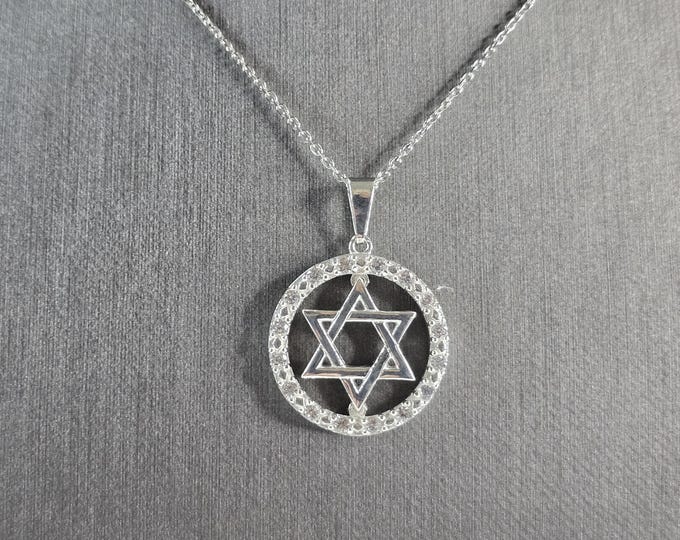 Sterling Silver Jewish Judaica Star of David CZ Pendant Necklace, 6.3g E5820
