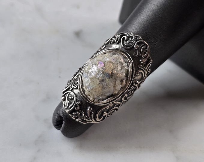 Womens Vintage Estate Sterling Silver Roman Glass PZ Israel Ring 10.2g E3231
