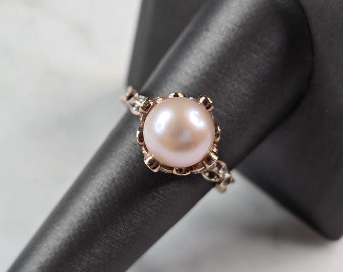Womens Vintage Estate Sterling Silver Rose Gold Tone Faux Pearl Ring 4.5g E7504