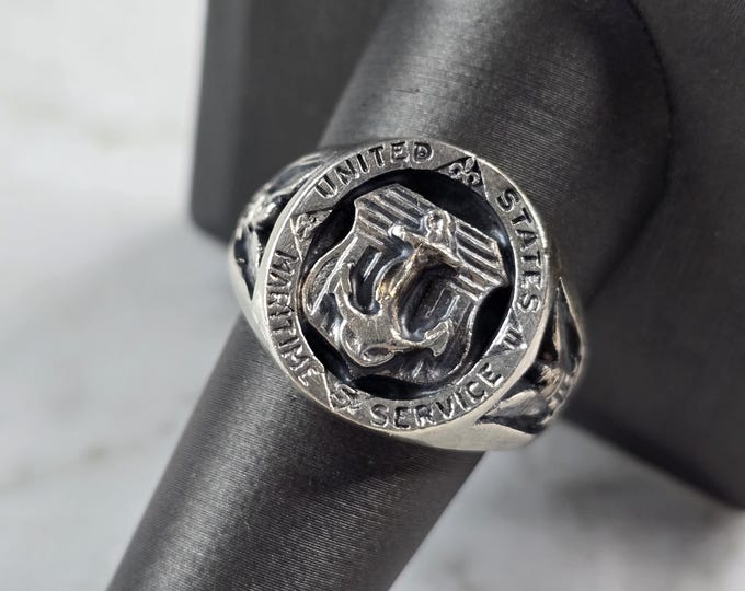 Mens Vintage Estate Sterling Silver US Maritime Service Anchor Ring 17.8g E3858